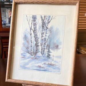 Birch Tree Winter Watercolor Art Print in Blue and White - Framed LE 214/500